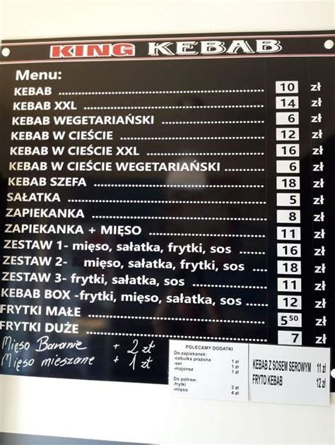 Menu at King Kebab restaurant, Jordanów